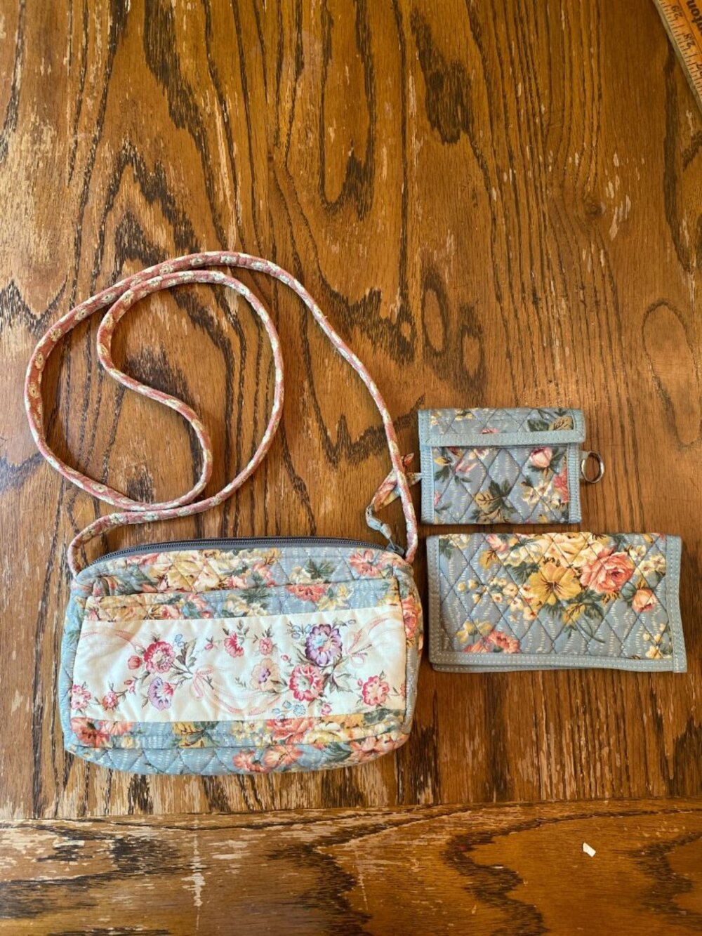 Vintage Quilted Floral Shoulder Bag, Wallet & Key Holder Set Blue & Pastel Flora